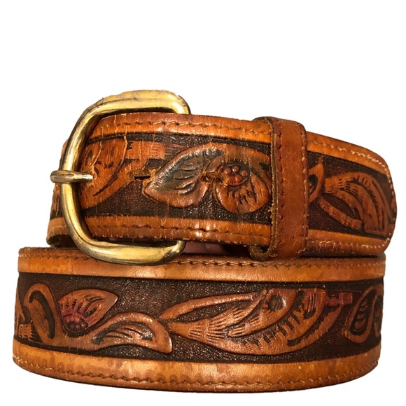 Accessories Tooled Leather Belt Brown Western Vintage Cowboy Cowgirl